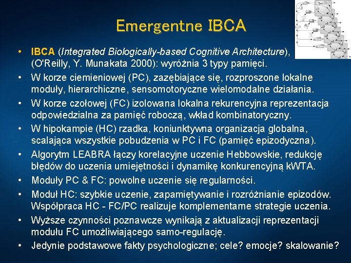 Emergentne IBCA • IBCA (Integrated Biologically-based Cognitive Architecture), (O'Reilly, Y. Munakata 2000): wyróżnia 3