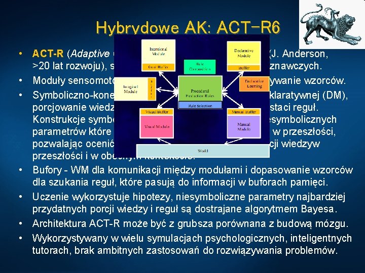 Hybrydowe AK: ACT-R 6 • ACT-R (Adaptive Components of Thought-Rational) (J. Anderson, >20 lat