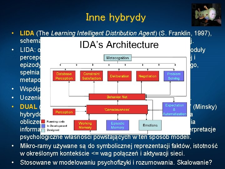 Inne hybrydy • LIDA (The Learning Intelligent Distribution Agent) (S. Franklin, 1997), schemat budowy