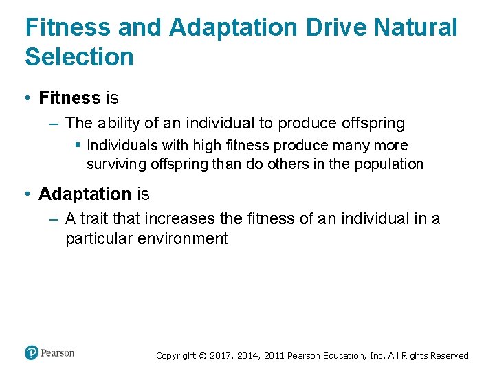 Fitness and Adaptation Drive Natural Selection • Fitness is – The ability of an