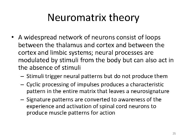 Neuromatrix theory • A widespread network of neurons consist of loops between the thalamus