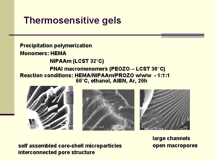 Thermosensitive gels Precipitation polymerization Monomers: HEMA NIPAAm (LCST 32°C) PNAI macromonomers (PEOZO – LCST