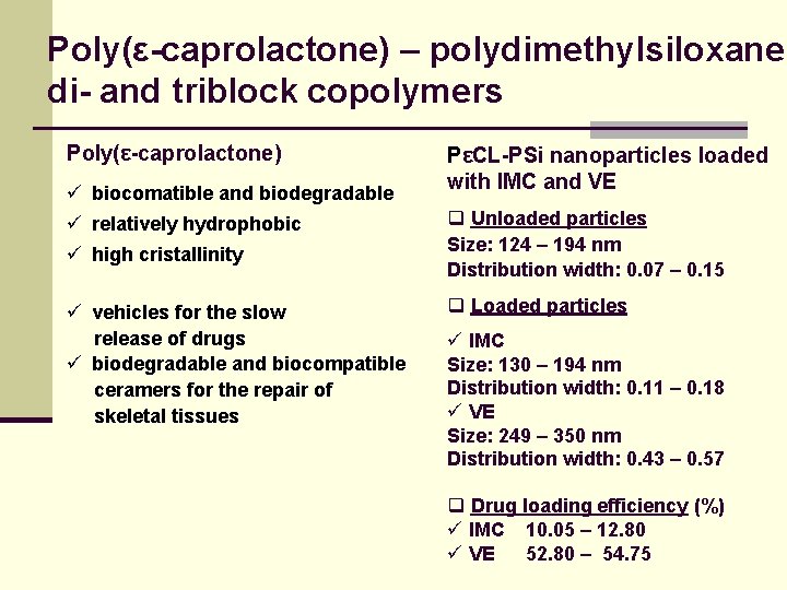 Poly(ε-caprolactone) – polydimethylsiloxane di- and triblock copolymers Poly(ε-caprolactone) ü biocomatible and biodegradable ü relatively
