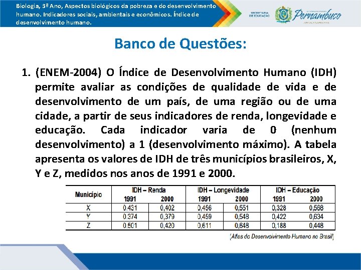 Biologia, 3ª Ano, Aspectos biológicos da pobreza e do desenvolvimento humano. Indicadores sociais, ambientais