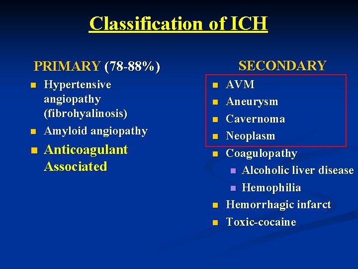 Classification of ICH SECONDARY PRIMARY (78 -88%) n n n Hypertensive angiopathy (fibrohyalinosis) Amyloid