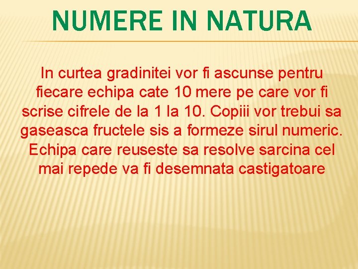 NUMERE IN NATURA In curtea gradinitei vor fi ascunse pentru fiecare echipa cate 10