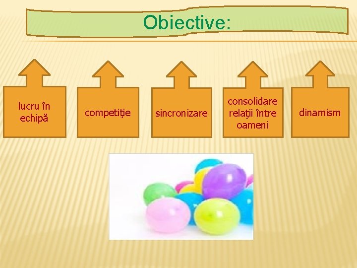 Obiective: lucru în echipă competiţie sincronizare consolidare relaţii între oameni dinamism 