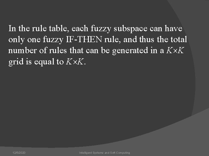 In the rule table, each fuzzy subspace can have only one fuzzy IF-THEN rule,