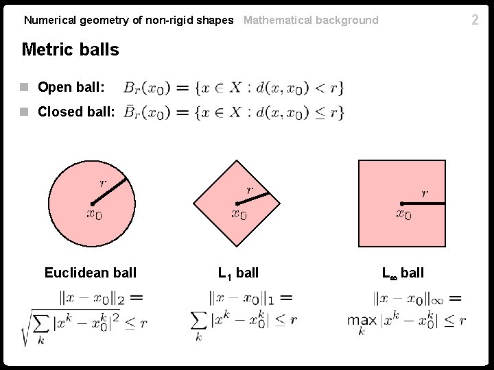 2 Numerical geometry of non-rigid shapes Mathematical background Metric balls n Open ball: n