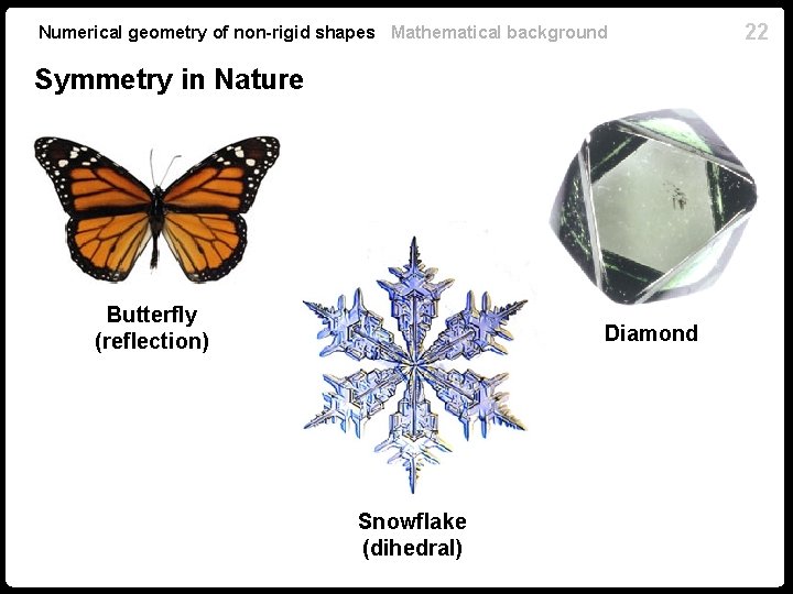 Numerical geometry of non-rigid shapes Mathematical background Symmetry in Nature Butterfly (reflection) Diamond Snowflake