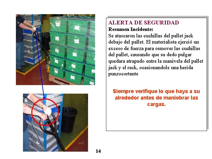 ALERTA DE SEGURIDAD Resumen Incidente: Se atascaron las cuchillas del pallet jack debajo del