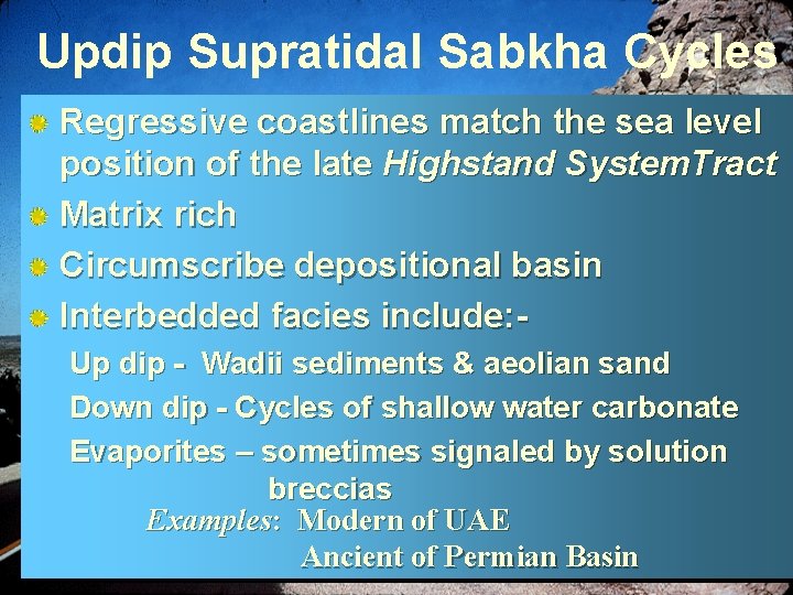 Updip Supratidal Sabkha Cycles Regressive coastlines match the sea level position of the late