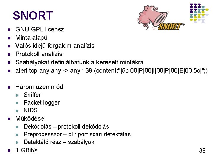 SNORT l l l l l GNU GPL licensz Minta alapú Valós idejű forgalom SNORT l l l l l GNU GPL licensz Minta alapú Valós idejű forgalom