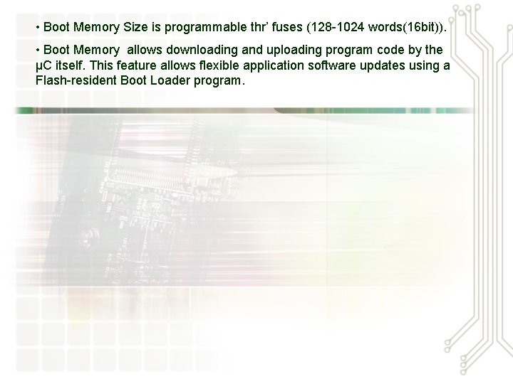  • Boot Memory Size is programmable thr’ fuses (128 -1024 words(16 bit)). •