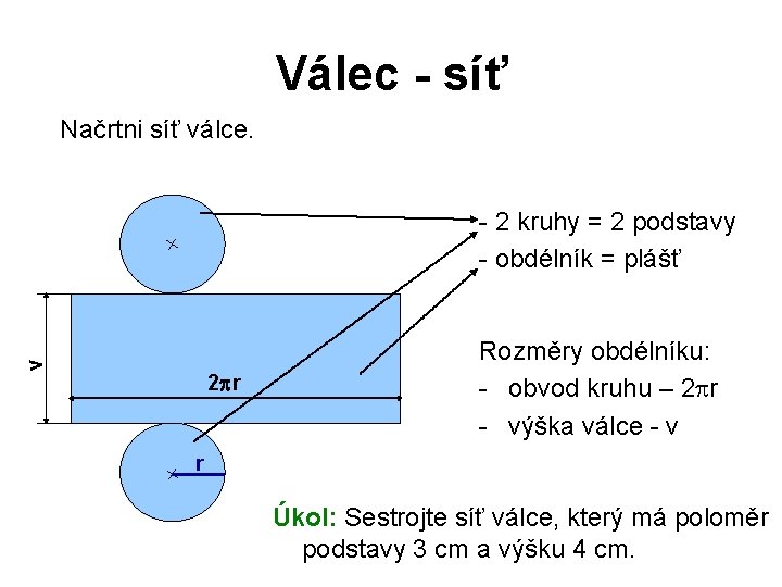 Válec - síť Načrtni síť válce. v - 2 kruhy = 2 podstavy -