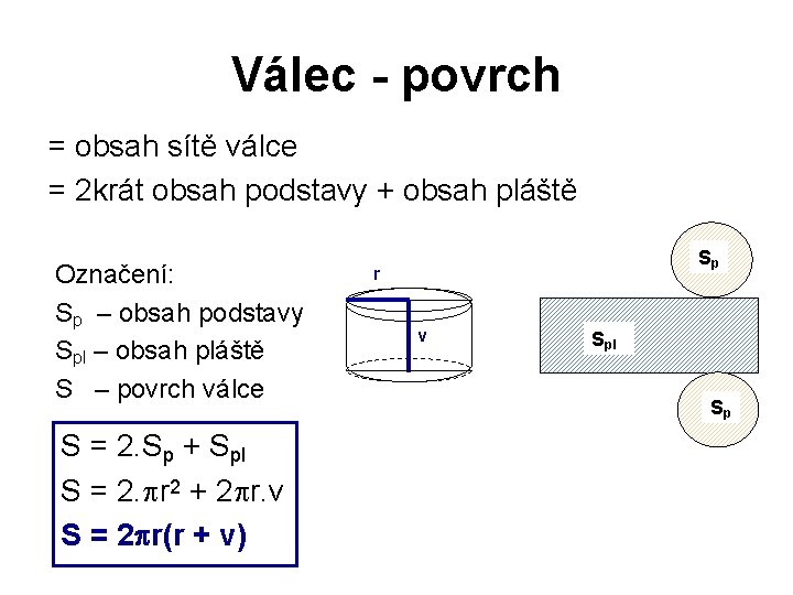 Válec - povrch = obsah sítě válce = 2 krát obsah podstavy + obsah