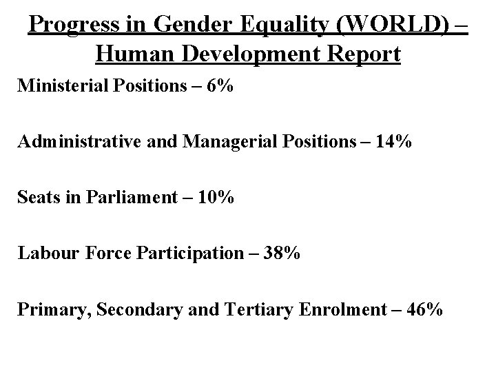 Progress in Gender Equality (WORLD) – Human Development Report Ministerial Positions – 6% Administrative