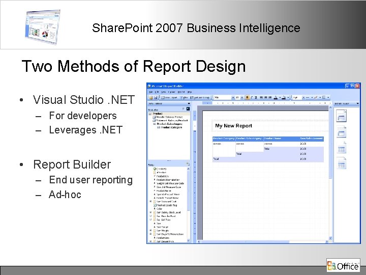 Share. Point 2007 Business Intelligence Two Methods of Report Design • Visual Studio. NET