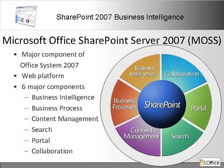 Share. Point 2007 Business Intelligence Microsoft Office Share. Point Server 2007 (MOSS) • Major