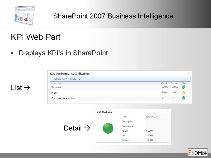 Share. Point 2007 Business Intelligence KPI Web Part • Displays KPI’s in Share. Point