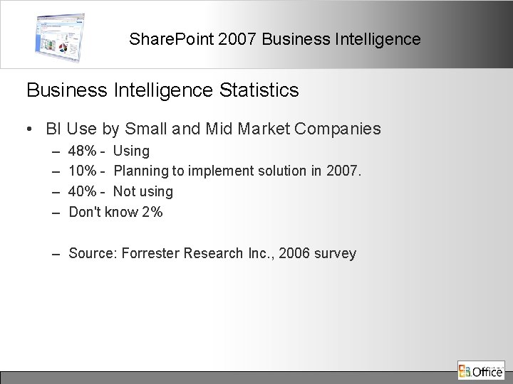 Share. Point 2007 Business Intelligence Statistics • BI Use by Small and Mid Market