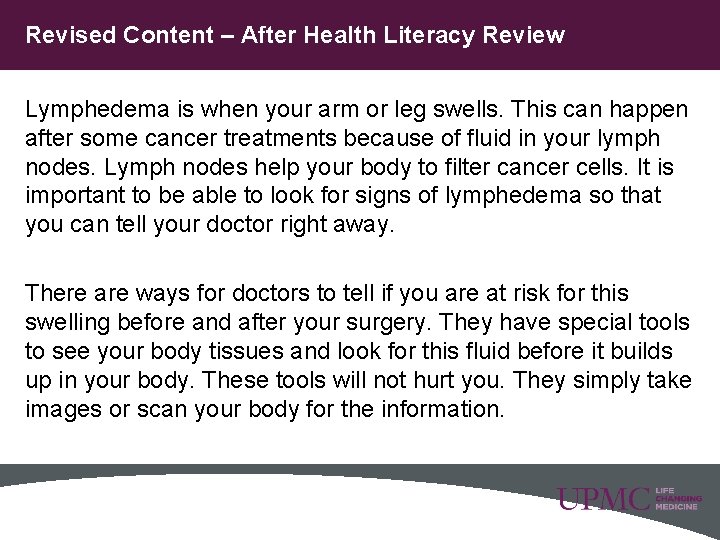 Revised Content – After Health Literacy Review Lymphedema is when your arm or leg