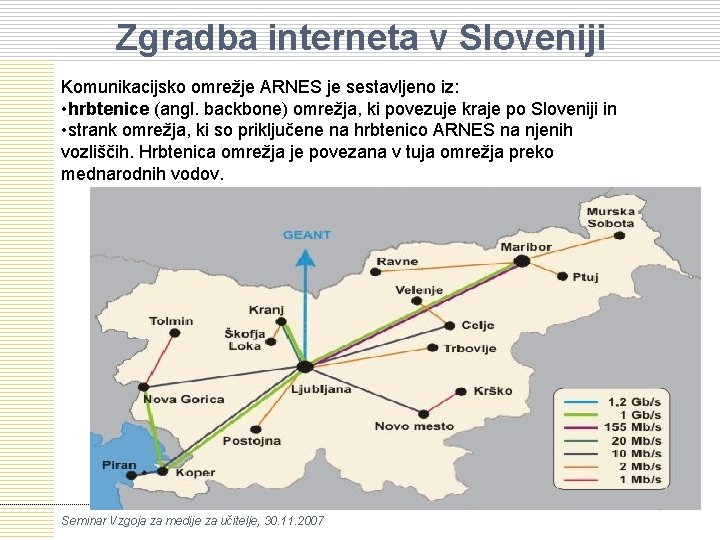 Zgradba interneta v Sloveniji Komunikacijsko omrežje ARNES je sestavljeno iz: • hrbtenice (angl. backbone)