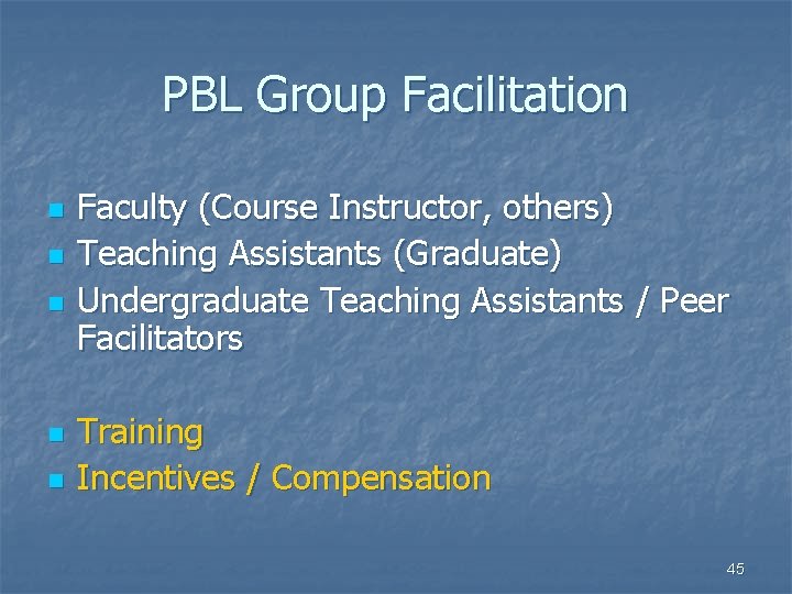 PBL Group Facilitation n n Faculty (Course Instructor, others) Teaching Assistants (Graduate) Undergraduate Teaching