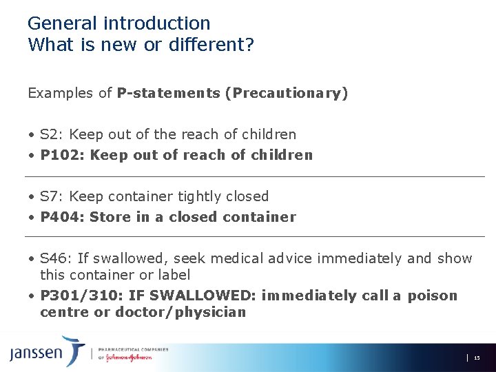 General introduction What is new or different? Examples of P-statements (Precautionary) • S 2: