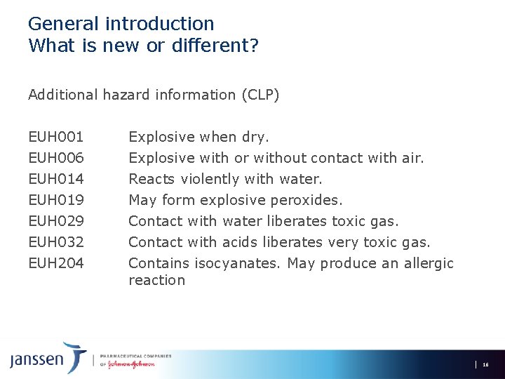 General introduction What is new or different? Additional hazard information (CLP) EUH 001 EUH