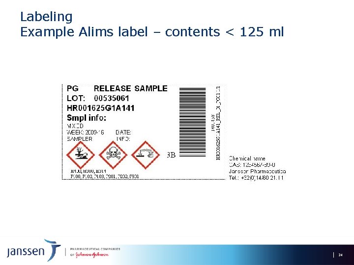 Labeling Example Alims label – contents < 125 ml 24 