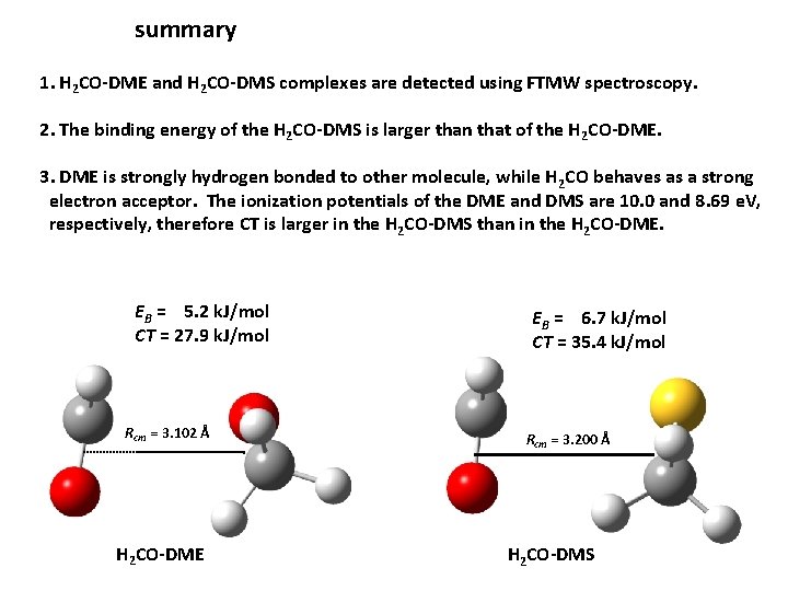 summary 1. H 2 CO-DME and H 2 CO-DMS complexes are detected using FTMW
