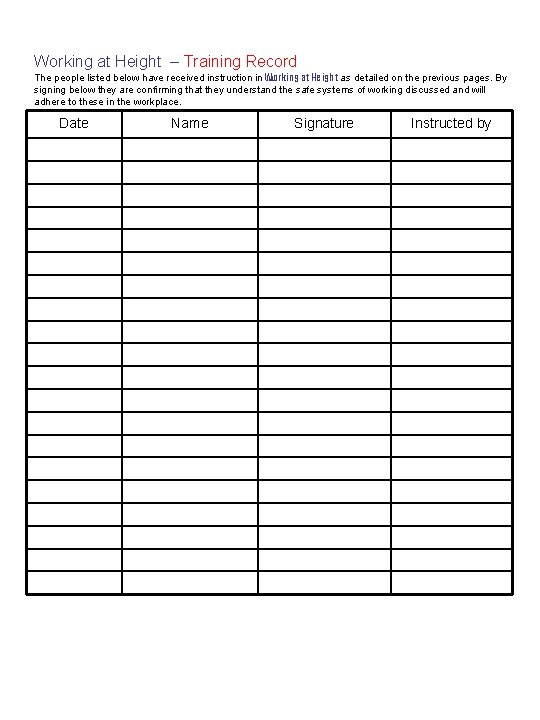Working at Height – Training Record The people listed below have received instruction in