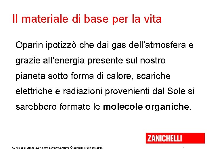 Il materiale di base per la vita Oparin ipotizzò che dai gas dell’atmosfera e