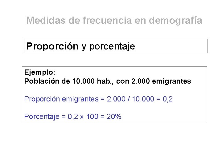 Medidas de frecuencia en demografía Proporción y porcentaje Ejemplo: Población de 10. 000 hab.