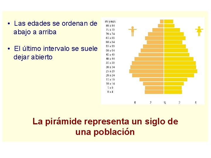  • Las edades se ordenan de abajo a arriba • El último intervalo