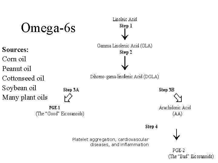 Omega-6 s Sources: Corn oil Peanut oil Cottonseed oil Soybean oil Many plant oils