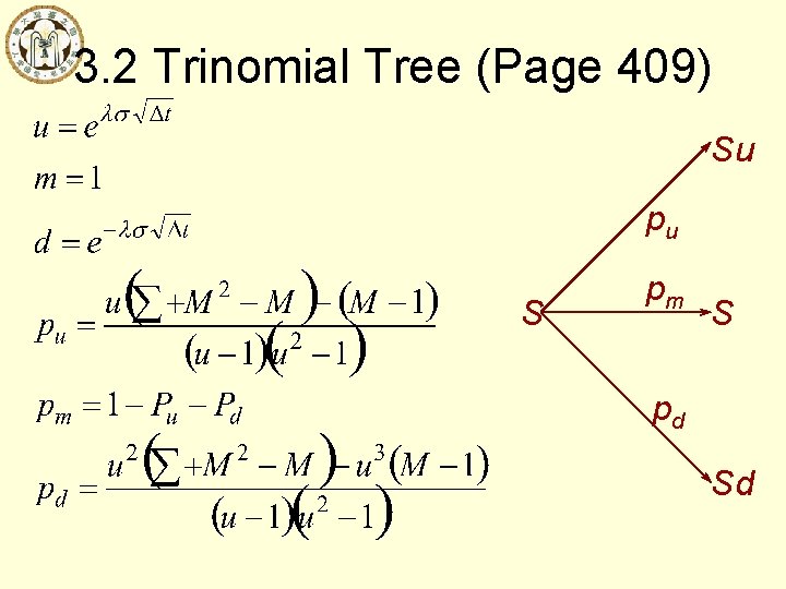 3. 2 Trinomial Tree (Page 409) Su pu S pm S pd Sd 