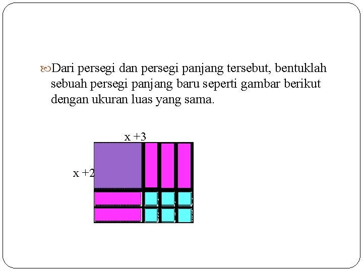  Dari persegi dan persegi panjang tersebut, bentuklah sebuah persegi panjang baru seperti gambar