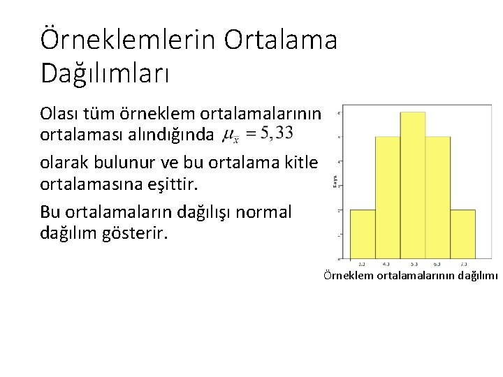 Örneklemlerin Ortalama Dağılımları Olası tüm örneklem ortalamalarının ortalaması alındığında olarak bulunur ve bu ortalama