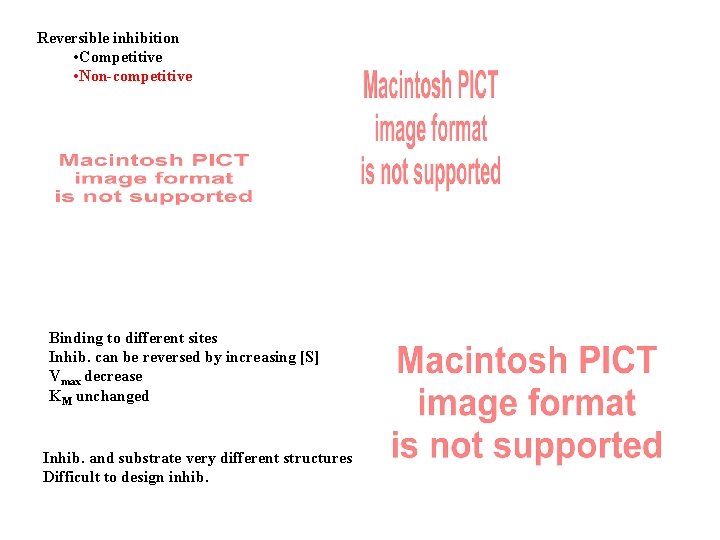 Reversible inhibition • Competitive • Non-competitive Binding to different sites Inhib. can be reversed