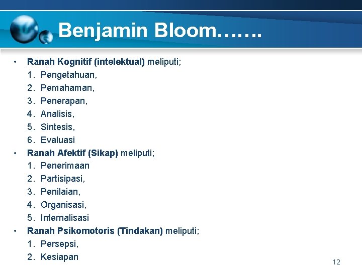 Benjamin Bloom……. • • • Ranah Kognitif (intelektual) meliputi; 1. Pengetahuan, 2. Pemahaman, 3.