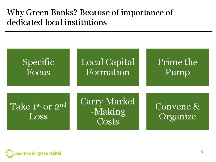 Why Green Banks? Because of importance of dedicated local institutions Specific Focus 1 st