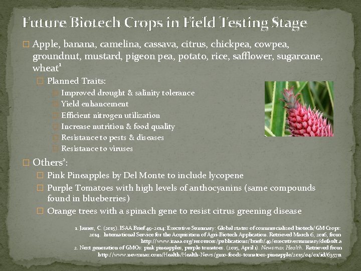 Future Biotech Crops in Field Testing Stage � Apple, banana, camelina, cassava, citrus, chickpea,