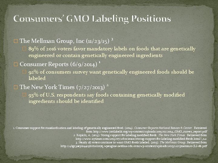 Consumers’ GMO Labeling Positions 3 � The Mellman Group, Inc (11/23/15) � 89% of