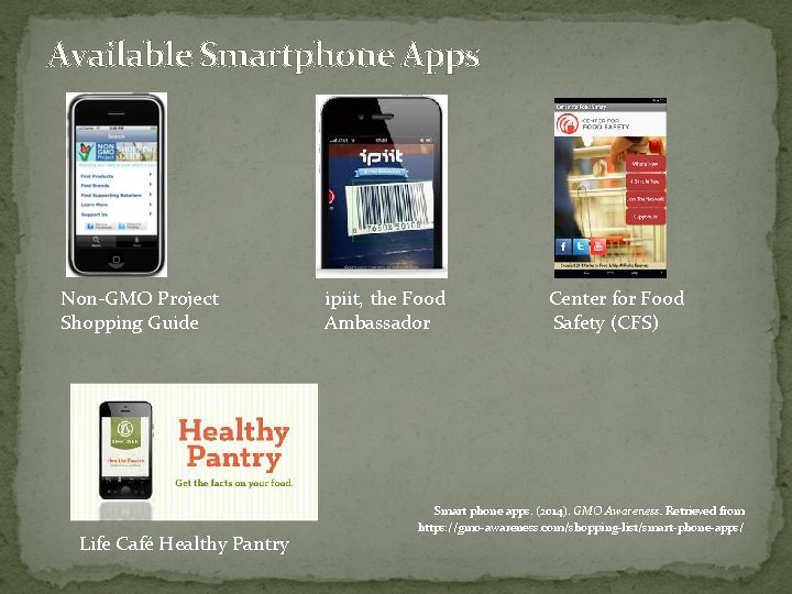 Available Smartphone Apps Non-GMO Project Shopping Guide ipiit, the Food Ambassador Life Café Healthy