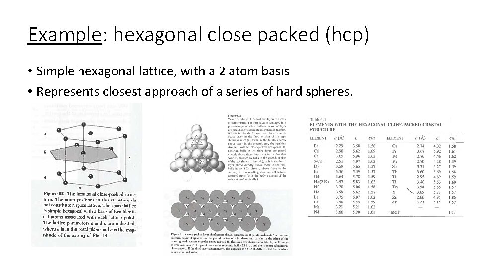 Example: hexagonal close packed (hcp) • Simple hexagonal lattice, with a 2 atom basis Example: hexagonal close packed (hcp) • Simple hexagonal lattice, with a 2 atom basis
