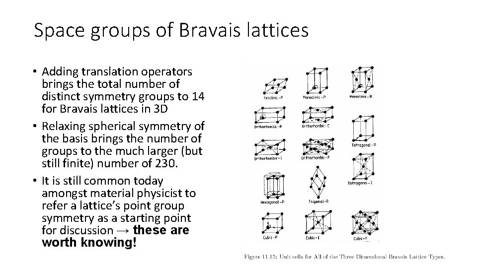 Space groups of Bravais lattices • Adding translation operators brings the total number of Space groups of Bravais lattices • Adding translation operators brings the total number of