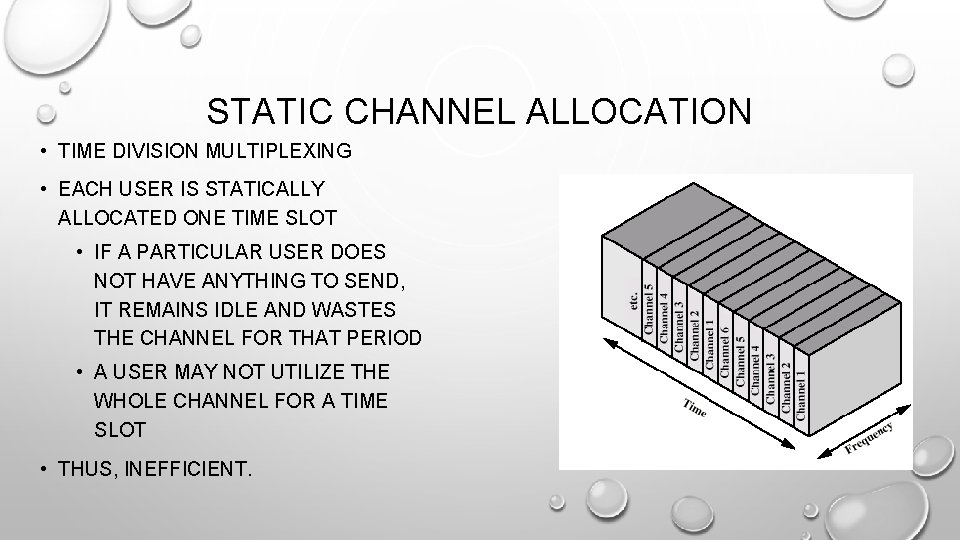 STATIC CHANNEL ALLOCATION • TIME DIVISION MULTIPLEXING • EACH USER IS STATICALLY ALLOCATED ONE