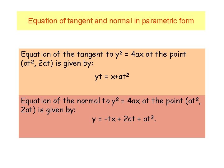 Equation of tangent and normal in parametric form Equation of the tangent to y